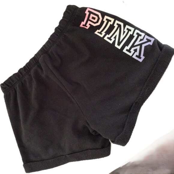 Victorias Secret Pink Black Fleece Shorts With Rainbow Logo Elastic Waistband S - Picture 2 of 12